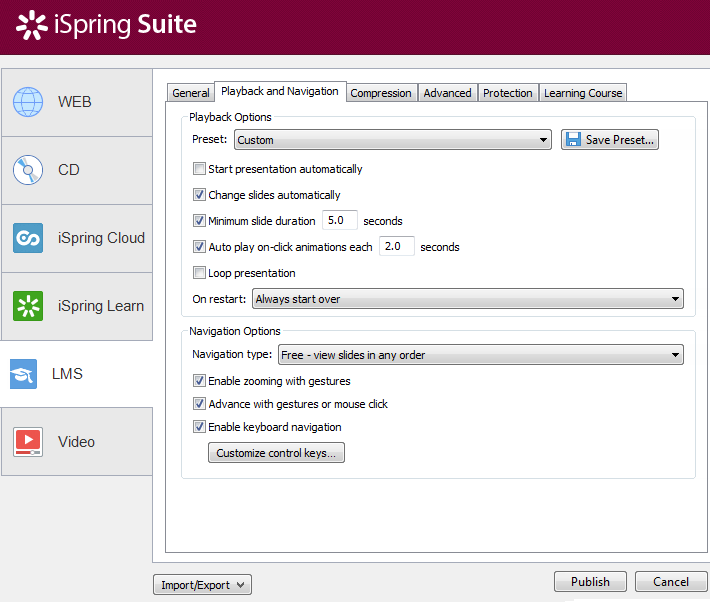 iSpring Menu ispring interface
